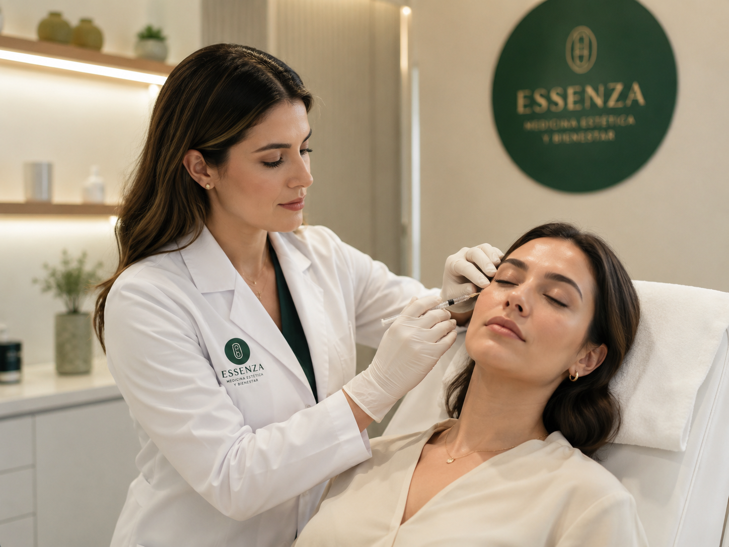 Paciente en consulta estética con aplicación de botox por médico en Essenza